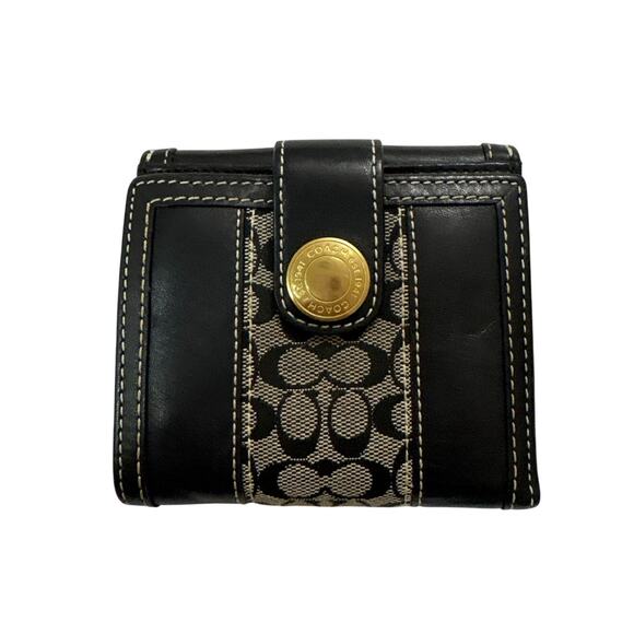 Vintage Coach Signature Stripe Bifold Snap Wallet Black Logo Y2k Leather Cion - Picture 1 of 9